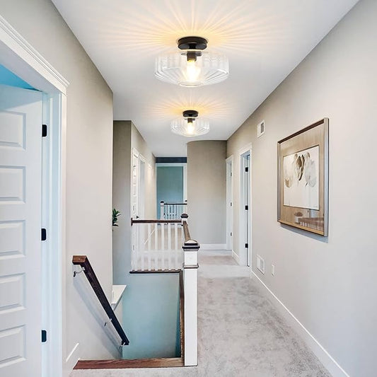 Semi Flush Mount Ceiling Light, 11.8" Vintage Clear Glass Ceiling Lights, 1-Light Mid Century Modern Drum Close to Ceiling Light Fixtures for Bedroom Kitchen Entryway Hallway Porch Foyer