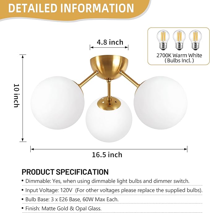 Bagood Mid-Century Modern Semi Flush Mount Ceiling Light 3 Lights Opal Glass Modern Globe Ceiling Light Gold Brass Sputnik Chandeliers for Hallway Entryway Kitchen Bedroom Laundry(Bulb Incl.)