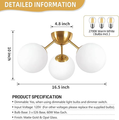 Bagood Mid-Century Modern Semi Flush Mount Ceiling Light 3 Lights Opal Glass Modern Globe Ceiling Light Gold Brass Sputnik Chandeliers for Hallway Entryway Kitchen Bedroom Laundry(Bulb Incl.)