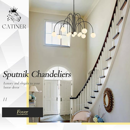 CATINER Black Sputnik Chandeliers 12 Lights Modern Chandelier for High Ceiling Large L52”Mid Century Ceiling Pendant Light Fixtures with Milk Glass Globe Shades for Living Dining Room Foyer Staircase