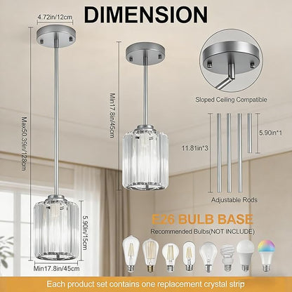 Pendant Lights Kitchen Island 3 Pack, Adjustable High Brushed Nickel Modern Crystal Mini Chandelier Ceiling Hanging Pendant Light Fixtures for Kitchen Hallway Dining Room Bedroom