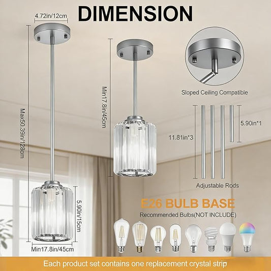 Pendant Lights Kitchen Island 3 Pack, Adjustable High Brushed Nickel Modern Crystal Mini Chandelier Ceiling Hanging Pendant Light Fixtures for Kitchen Hallway Dining Room Bedroom