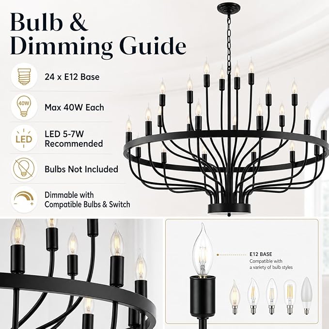 Shandaglo Large Black Chandelier 24-Light, Round 3-Tier Wagon Wheel Fixture, 39 in Farmhouse Candle Pendant with E12 Base for Dining Room, Foyer, Living Room, Hallway, High Ceiling