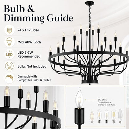 Shandaglo Large Black Chandelier 24-Light, Round 3-Tier Wagon Wheel Fixture, 39 in Farmhouse Candle Pendant with E12 Base for Dining Room, Foyer, Living Room, Hallway, High Ceiling