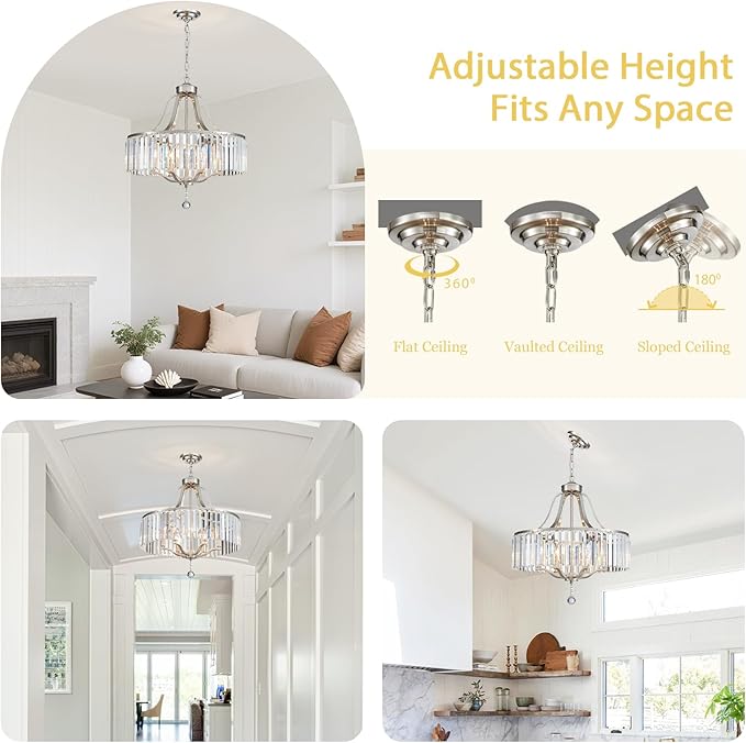 Brushed Nickel Chandeliers for Dining Room 21.7 Inch Crystal Light Fixture 6-Light Modern Farmhouse Round Large Chandeliers for Kitchen Hallway Bedroom Foyer Adjustable Height Hanging Lamp