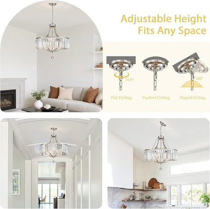 Brushed Nickel Chandeliers for Dining Room 21.7 Inch Crystal Light Fixture 6-Light Modern Farmhouse Round Large Chandeliers for Kitchen Hallway Bedroom Foyer Adjustable Height Hanging Lamp