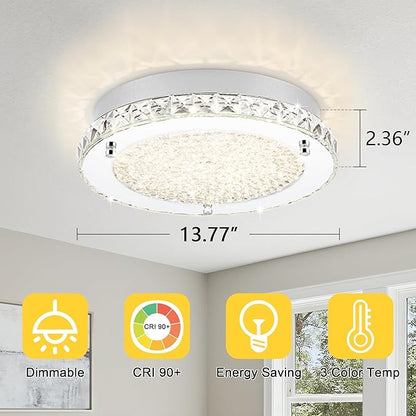 Flush Mount Ceiling Light LED Crystal Ceiling Light Fixture Modern 13 Inch Kitchen Lighting Fixtures Ceiling for Bedroom, Hallway, Porch, Dimmable and 3 Color Change