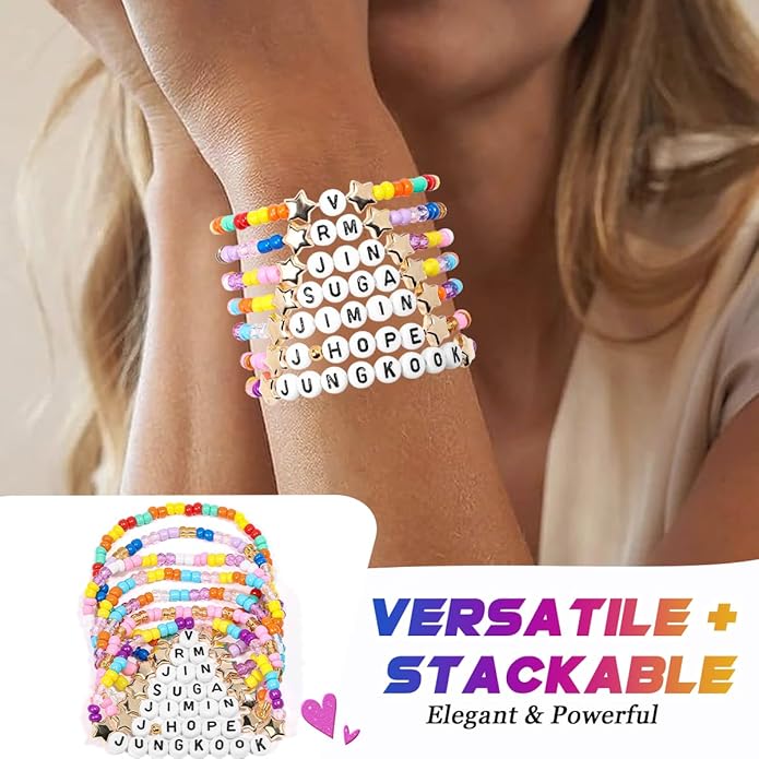 AICase for BT Merch Gifts Toys Inspired Bracelets Birthday Decorations 7 Pcs Stackable Stretch Beaded Friendship Bracelets Costume Cosplay Merchandise Gifts for Fans Women Christmas Stocking