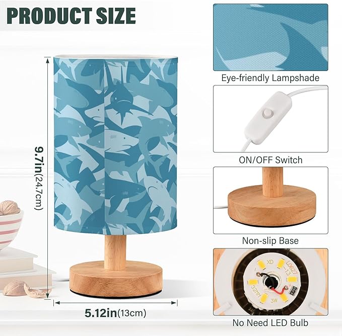 Table Lamp Blue Shark Pattern Marine Animal Nightstand Lamp with Wood Base Fabric Lamp Shade Bedside Desk Lamp for Living Room Bedroom Kids Room Office