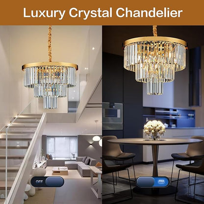 Gold Crystal Chandelier 20" Modern Chandelier 3 Tiers 6 Lights Pendant Lighting Crystal Ceiling Light Round Chandelier for Dining Room Kitchen Island Living Room Entryway Bedroom Office