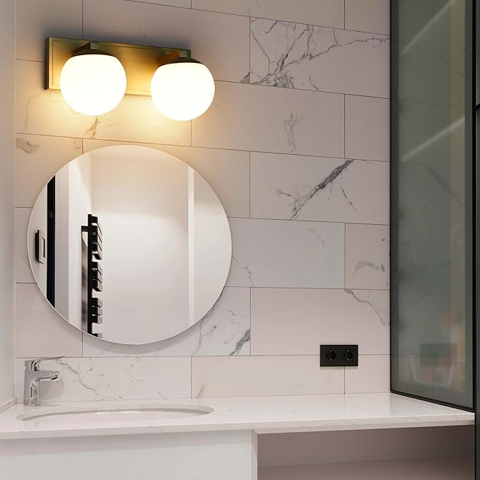 Gold Bathroom Vanity Light Fixtures, 2-Light Globe Bathroom Lighting Fixtures Over Mirror, Modern Wall Lights for Living Room, Long Backplate, Standard E26 Base, Aged Brass