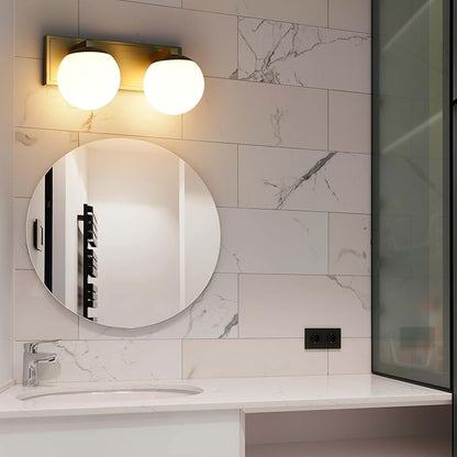 Gold Bathroom Vanity Light Fixtures, 2-Light Globe Bathroom Lighting Fixtures Over Mirror, Modern Wall Lights for Living Room, Long Backplate, Standard E26 Base, Aged Brass
