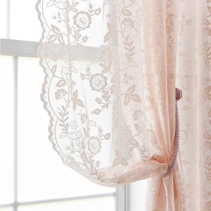 FINECITY Sheer Lace Curtains 72 Inch Length - Country Branch Floral Embroidered Lace Sheer Curtains 2 Panels Set, Privacy Sheer Vintage Scalloped Lace Window Curtains, 52 x 72 Inch, Blush Pink