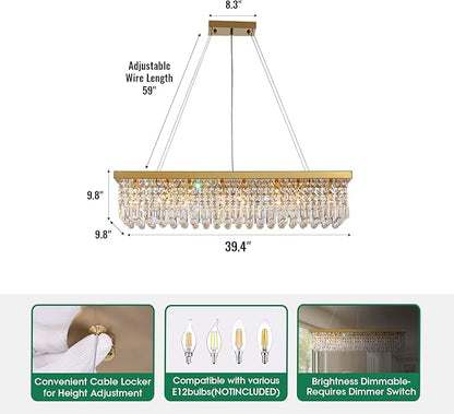 Gold Modern Crystal Chandeliers for Dining Room Kitchen Island Light Fixture, 8-Light Rectangle Chandelier for Living Room, L39.4 Inch