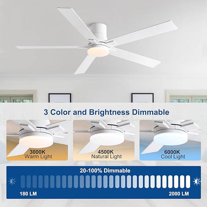 60 Inch Ceiling Fans with Lights and Remote,Flush Mount White Ceiling Fan with 5 Blades,6 Speed Reversible DC Motor,3CCT Dimmable LED-Low Profile Design for Bedroom, Living room & Covered Outdoor