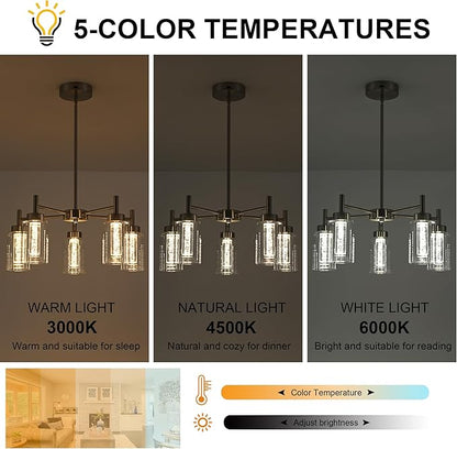 LED 5 Light Modern Chandeliers for Dining Room,Brushed Nickel Finish Hanging Lighting Fixture with Crystal Bubble Clear Glass Shade Kitchen Island for Hanging