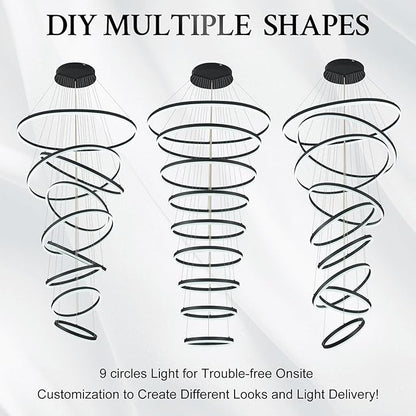 9-Rings D39.4’’ Modern LED Chandelier Black Dimmable High Ceiling Foyer Chandeliers Entryway with Remote Control for Staircase Entryway Living Room Foyer, 3000K-6500K