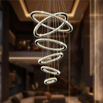 Siljoy Modern Crystal Chandelier Lighting, 6 Ring Chandelier LED Ceiling Lights Fixtures with 3-Color, High Ceiling Foyer Chandeliers for Living Room Dining Room Staircase, D8-12-16-20-24"-28"