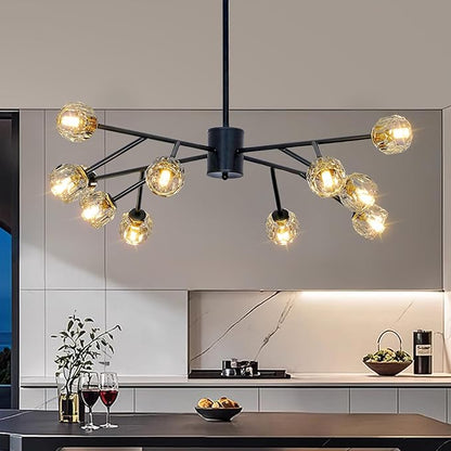 Depuley Chandelier Ceiling Light Fixture: 12-Light Modern Sputnik Chandelier for Dining Room - Height Adjustable Mid Century Black Crystal Chandelier for Bedroom Living Room (Included G9 Bulbs)
