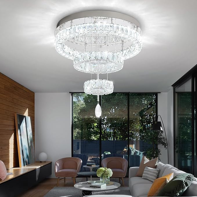 Flashing God Modern Crystal Chandelier Bedroom Chandeliers Flush Mount Ceiling Chandelier Light Fixture for Dining Room Entrance LED Dimmable Silver Ring Chandeliers