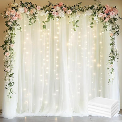 Fomcet Tulle Curtains with Lights String Ivory 20FT X 8FT Sheer Backdrop Curtains for Parties Wedding Baby Shower Photo Shoot Decorations (4 Panels 5x8FT)