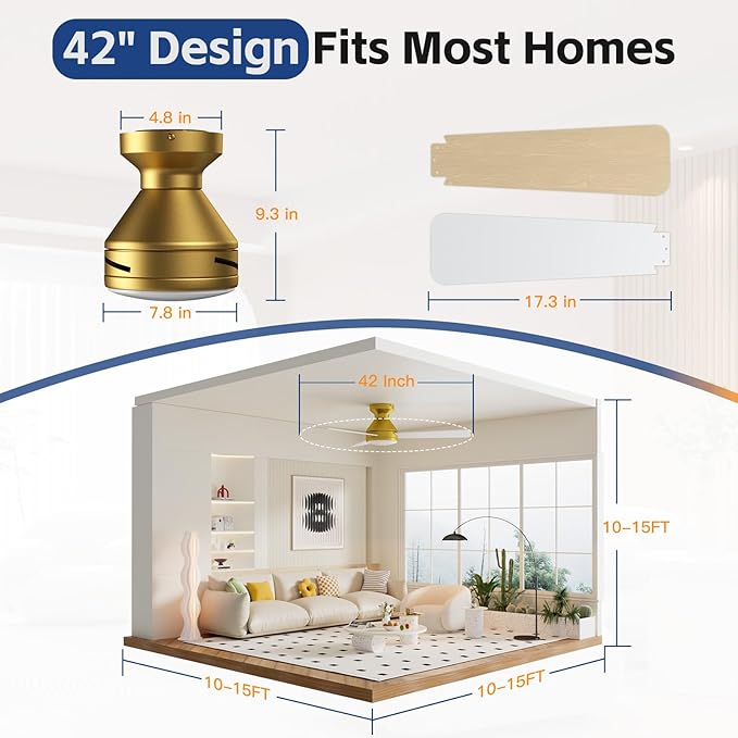 Ceiling Fans with Lights, 42 Inch Ceiling Fan with Light And Remote, 3CCT Flush Moun Low Profile Ceiling Fans, 6 Speed Noiseless LED Ceiling Fan, Advanced Gold Ceilings Fan for Bedroom Living Room
