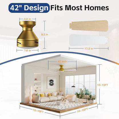 Ceiling Fans with Lights, 42 Inch Ceiling Fan with Light And Remote, 3CCT Flush Moun Low Profile Ceiling Fans, 6 Speed Noiseless LED Ceiling Fan, Advanced Gold Ceilings Fan for Bedroom Living Room