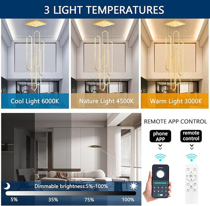 6-Rings Chandelier Modern, Gold Large Contemporary LED Light for Living Room Entrance, Dimmable Flush Mount High Ceiling Chandeliers with Remote Control for Villa Foyer