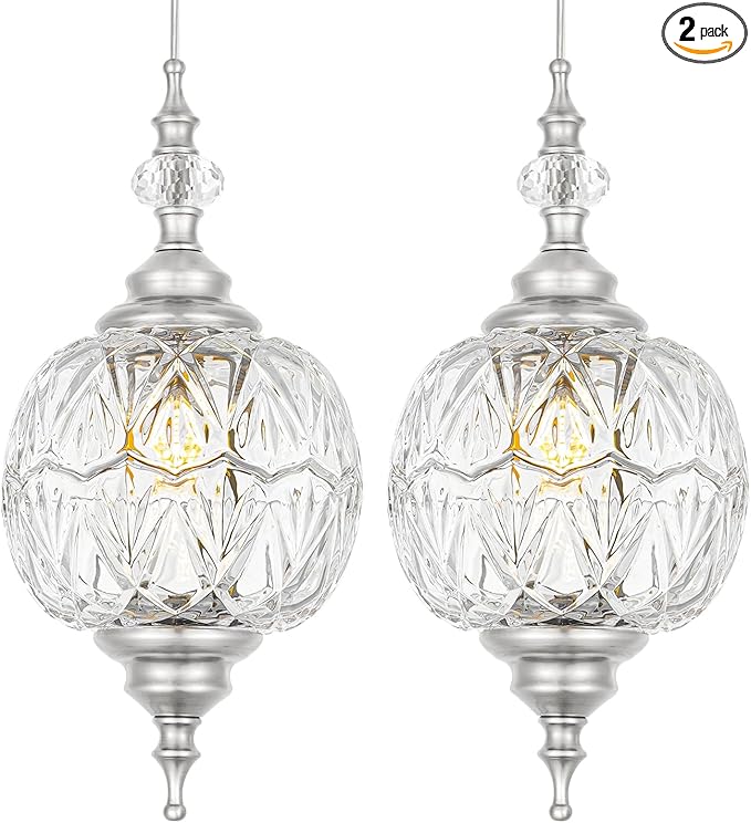 Brushed Nickel Pendant Lights Kitchen Island 2 Pack, Vintage Bathroom Pendant Light with Detachable Glass Shade, Adjustable Hanging Light for Kitchen Island Lighting, Farmhouse, G9 Base