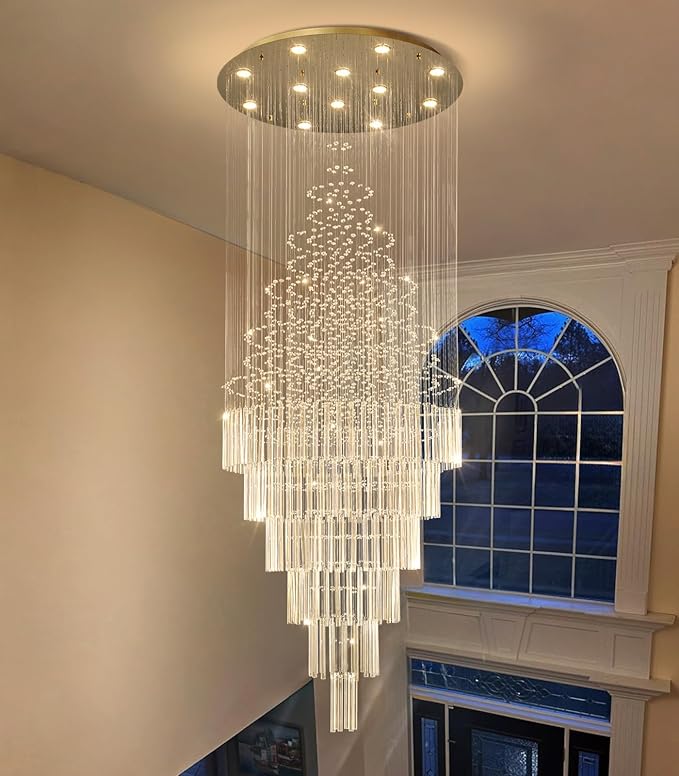 HAIXIANG W32 x H100 Glam Chandelier with LED Bulbs Crystal Raindrop High Ceiling Pendant Light for Entrance Large Villa Chandelier Foyer Lighting Fixtures Gold