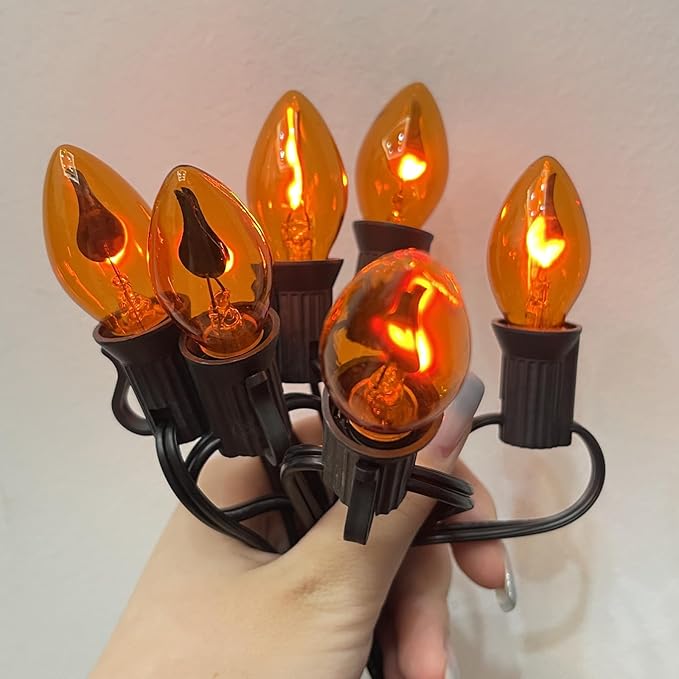 Abeja Orange Halloween Lights, 25FT Orange Flickering Lights String with 27 Flame Incandescent Blubs, Halloween Waterproof Flicker Lights for Spooky Thanksgiving Party Decor