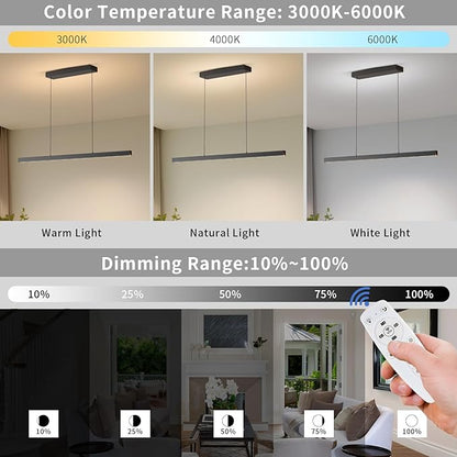 Modern Island Lights, 57in LED Pendant Light Dimmable with Remote Control 3000k-6000K Adjustable Color Temperature, Aluminum Chandelier Lamp Fixture for Kitchen, Dining Room, Billiard Room