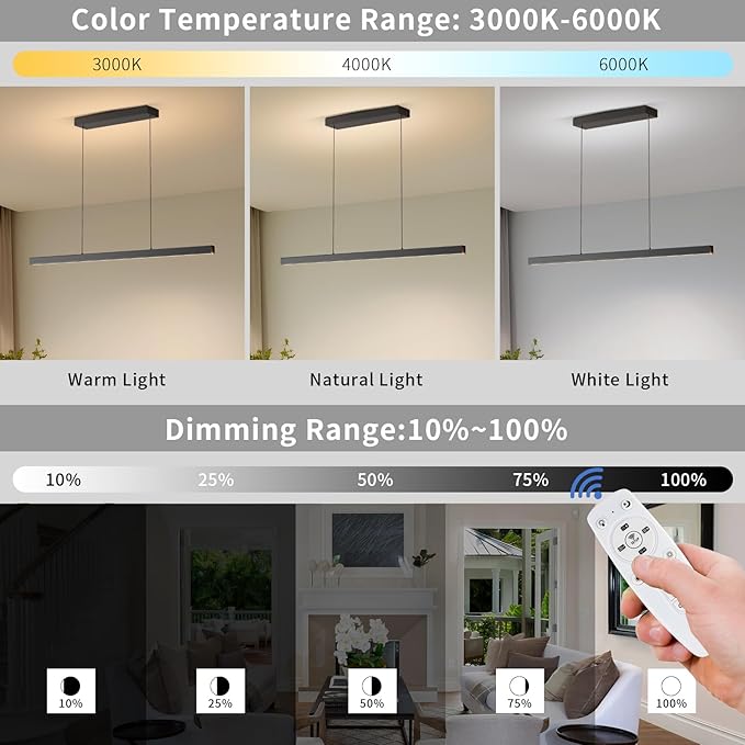 LED Linear Pendant Lights, 39in Island Lighting Fixture 3000k-6000K Dimmable, Chandelier Lamp for Kitchen Dining Room Pool Table Office Bar Garage Workbench