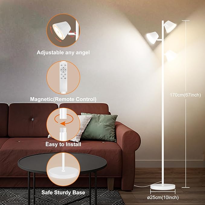 42W Tree Floor Lamp, Super Bright LED Standing Lamp with Remote, Modern Dimmable Floor Lamps,Individual Control, Rotable Head LED Lamp for Living Room Bedroom Office,White