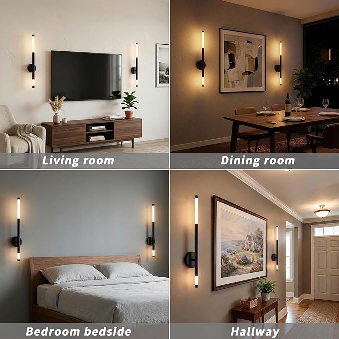 Battery Operated wall Sconce Set of Two Peel and Stick Cordless Wireless Rechargeable wall Lights Black Modern Decor with Remote Control for hallways Living Room Bedroom Bedside