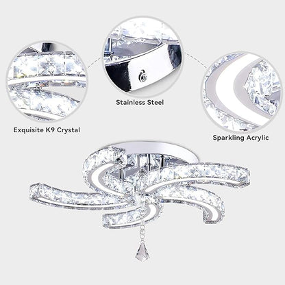 Finktonglan 19.7" Dimmable Crystal Semi Flush Mount Ceiling Light with Remote, 5-Light LED Modern Chandelier, K9 Crystal & Acrylic, 25W, 3000K–6500K Adjustable, Bedroom Living Room Dining