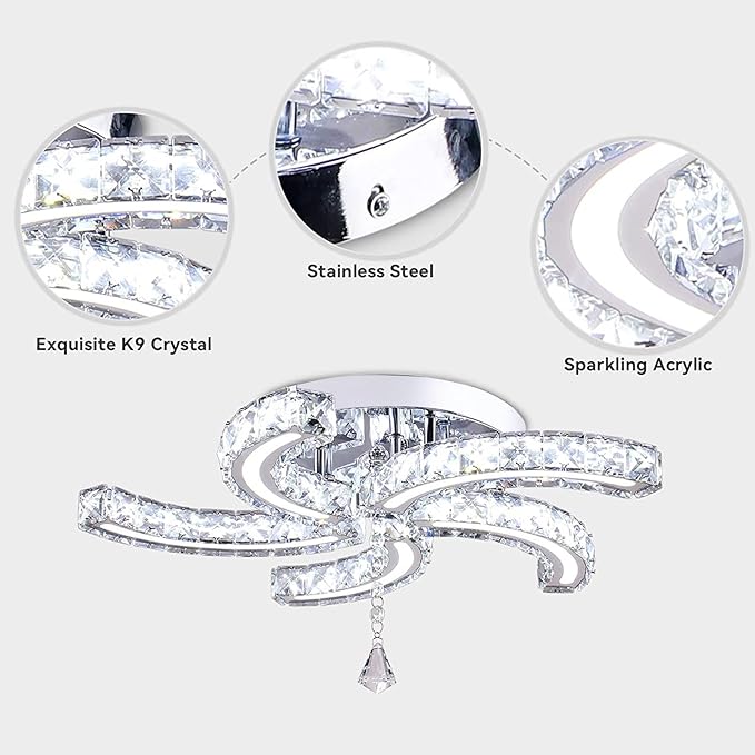 Finktonglan 19.7" Multi-Color Crystal Semi Flush Mount Ceiling Light, 5-Light LED Chandelier, 3-Color Switch (Warm/Neutral/Cool), K9 Crystal & Acrylic, 25W, Modern Ceiling Lighting Fixture