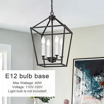 MELUCEE 4-Light Farmhouse Cage Pendant Light in Oil Rubbed Bronze Vintage Chandelier Lantern Hanging Light Fixtures Ceiling with White Candle-Shaped Socket for Kitchen Island, Dining Room, Foyer