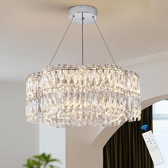 24’’ Crystal LED Chandelier with Remote Control Dimmable 3000-6500K Contemporary Luxury Chandeliers Modern Chrome Light Fixture for Dining Living Room Kitchen Island Foyer Entryway