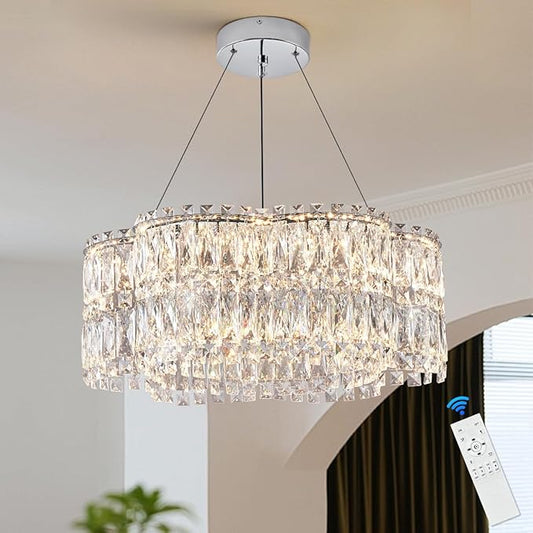 24’’ Crystal LED Chandelier with Remote Control Dimmable 3000-6500K Contemporary Luxury Chandeliers Modern Chrome Light Fixture for Dining Living Room Kitchen Island Foyer Entryway