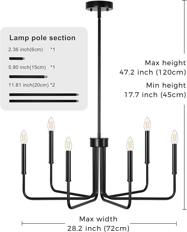 DORESshop Modern Chandelier for Dining Room, 6-Light 28" Black Farmhouse Chandelier for Dining Room, Dining Light Fixtures Over Table for Bedroom Hall Kitchen Living Room