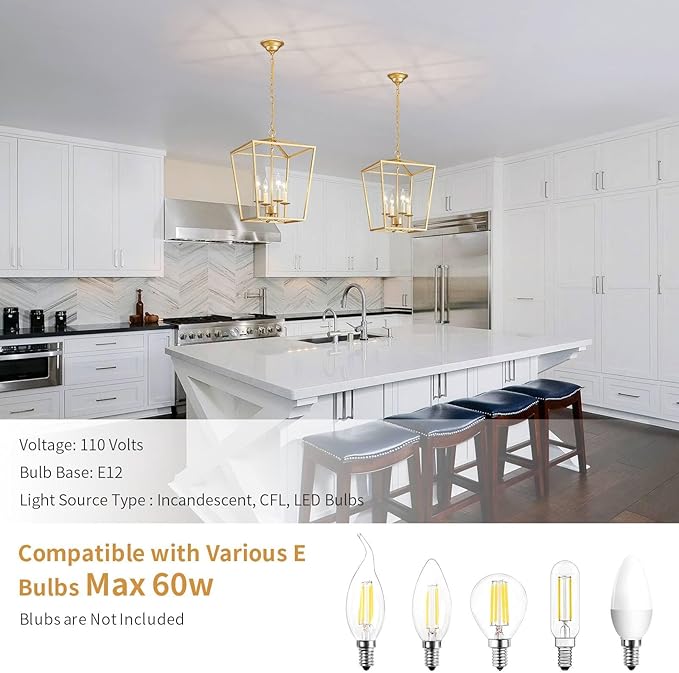 ANJIADENGSHI Vintage Lantern Pendant Light 4 Light Lantern Chandelier Farmhouse Gold Pendant Light for Kitchen Island Entryway Dining Room Hallway Bar Cafe(Bulbs Not Included)