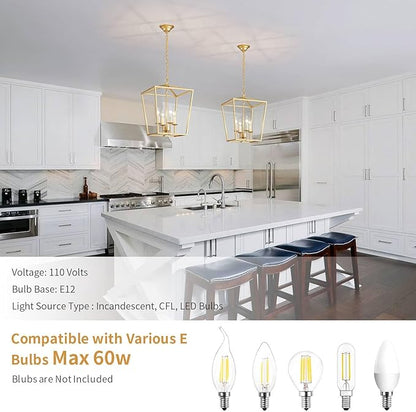 ANJIADENGSHI Vintage Lantern Pendant Light 4 Light Lantern Chandelier Farmhouse Gold Pendant Light for Kitchen Island Entryway Dining Room Hallway Bar Cafe(Bulbs Not Included)