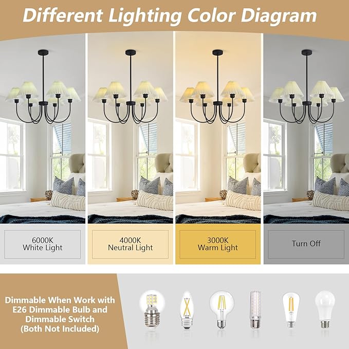 KCO Lighting Modern Farmhouse Chandelier Black Sputnik Chandelier Light Fixture White Fabric Chandelier Ceiling Light Vintage Pleated Chandelier Traditional Chandeliers for Dining Room