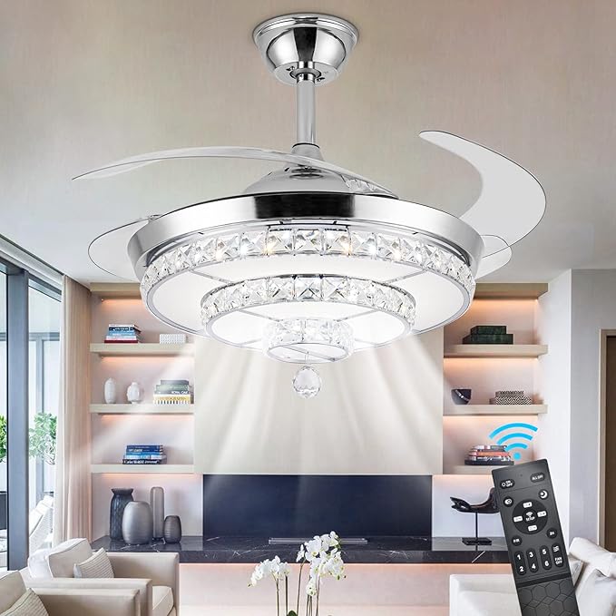 42" Fandelier Invisible Ceiling Fan Chandelier with Light,Modern Crystal Ceiling Fan Light Remote Control 4 Retractable ABS Blades for Bedroom Living Dining Room Decoration