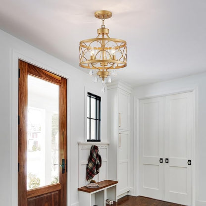 Small Crystal Chandelier, Modern Gold Crystal Chandeliers for Dining Room, Rustic Farmhouse Round Ceiling Pendant Light Fixture for Living Room, Entryway, Hallway, Bedroom, Bathroom