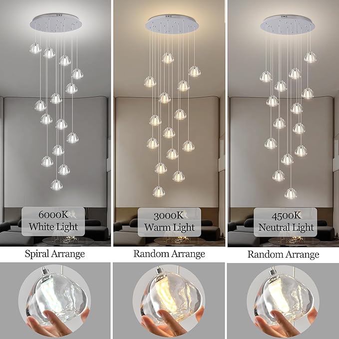 Modern Crystal Chandelier 14-Lights High Ceiling Raindrop Chandelier Lighting Fixture, Large LED Round Indoor Lighting Fixture Chrome for Foyer Staircase Living Room
