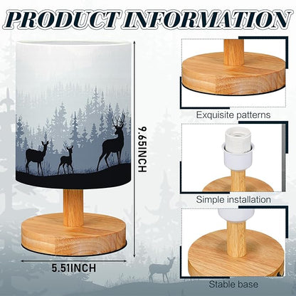 VIHOSE Woodland Deer Bedside Table Lamp Watercolor Winter Forest Tree Animal Deer Nightstand Lamp with Wood Base Fabric Lamp Shade Bedside Desk Lamp for Living Room Bedroom Kids Room Office