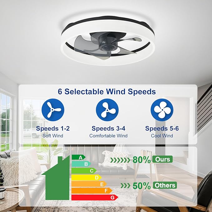DLLT LED Ceiling Fan with Light: 16" Modern Low Profile Flush Mount Fandelier with App & Remote Control - Dimmable Black Bladeless Fan Light Fixture for Bedroom Kids Room Living Room