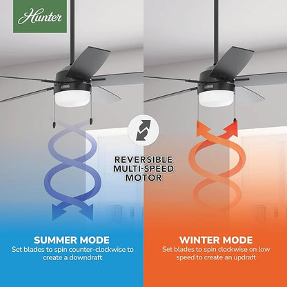 Hunter 52 inch Indoor Ceiling Fan with LED Light - Black Ceiling Fan with Pull Chain, For Bedroom or Living Room, Standard Mount, No Remote, 5 Blades, Includes Bulbs - Anisten 52485, Matte Black
